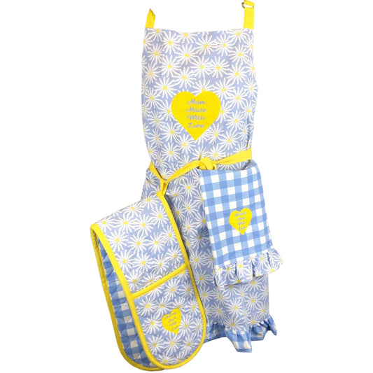 Mothers Day Three Piece Daisy Apron Set Personalised Embroidered Kitchen Apron Oven Gloves Tea Towel Set