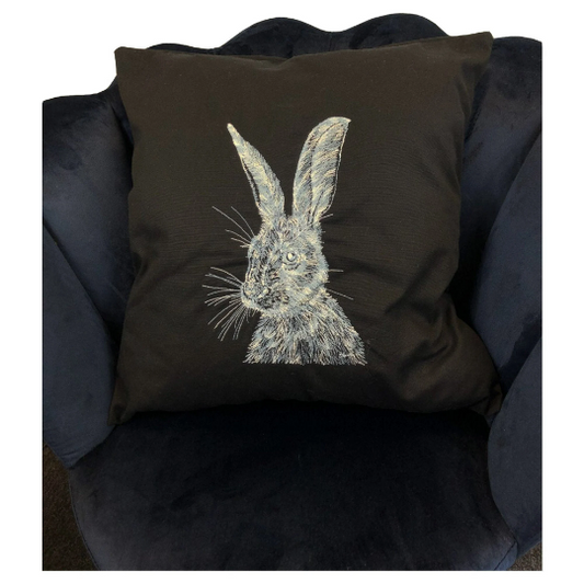 Embroidered Hare Cushion Black Cushion Grey Hare Design