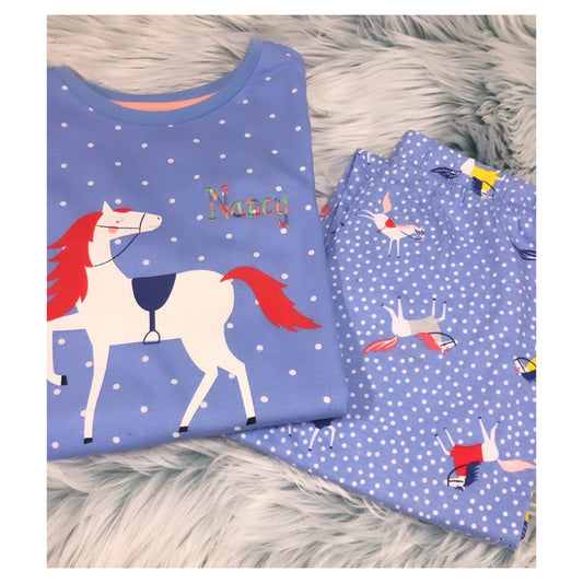 Personalised Embroidered Girls Light Blue Horse Print Pyjamas