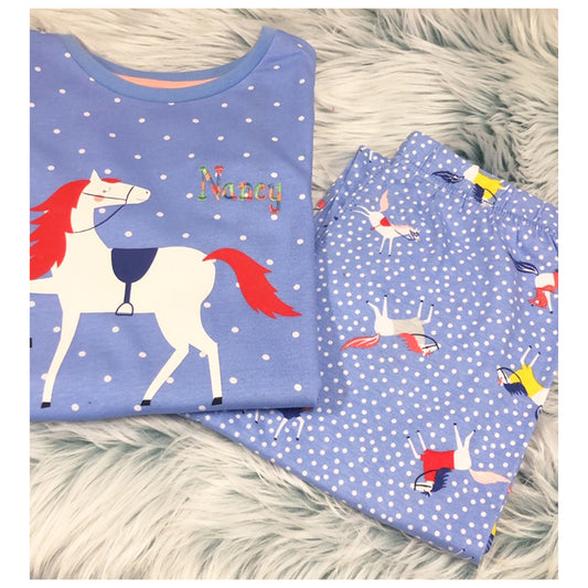 Personalised Embroidered Girls Light Blue Horse Print Pyjamas