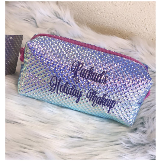 Personalised Embroidered Studded Iridescent Pouch Pencil Case Makeup Bag