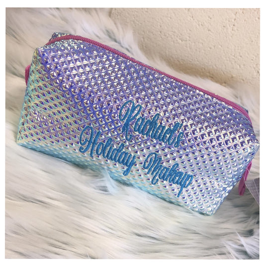 Personalised Embroidered Studded Iridescent Pouch Pencil Case Makeup Bag