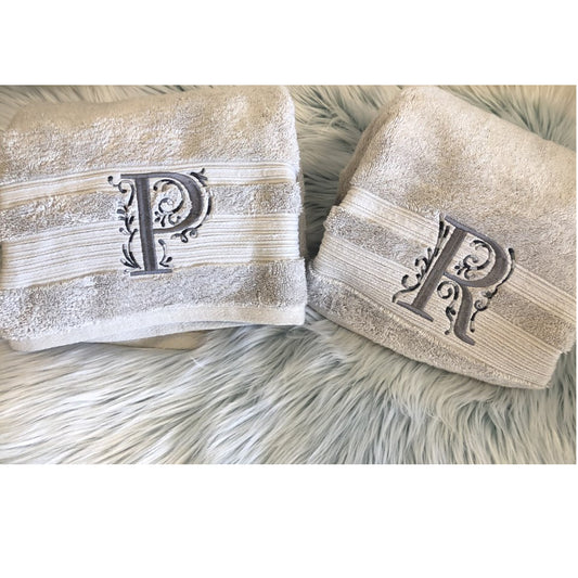 Grey Monogram Personalised Embroidered Initial Bath Towel Set